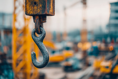 A weathered metal hook hangs solo against a muted sky, with distant yellow cranes and equipment softly blurred, capturing industrial resilience amid gray skies.の写真素材