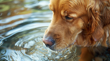 Close-up of golden retriever drinking water, high quality image of fetching golden retriever dogの写真素材