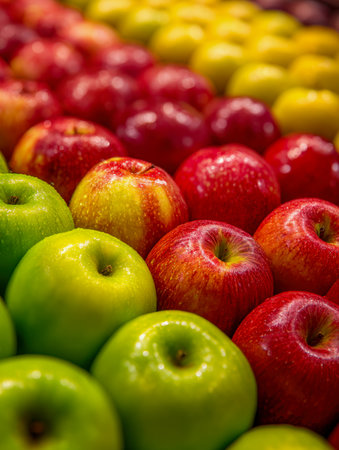 A vibrant market scene featuring neatly stacked apples in shades of green, red, and yellow, illuminated by soft natural light that highlights their juicinessの写真素材