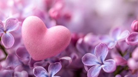 A tender pink heart rests softly among lush purple and pale pink lilac blossoms, evoking a romantic, whimsical atmosphere filled with gentle floral charm.の写真素材