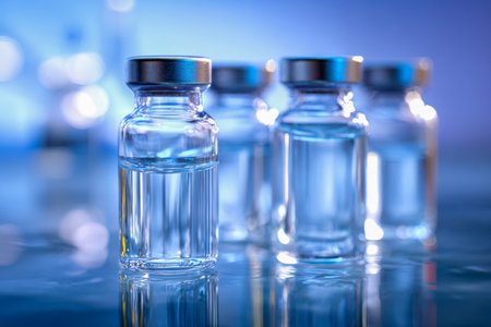 Sleek glass bottles housing transparent fluid are artistically positioned on a glossy surface, illuminated by gentle blue hues, evoking a sense of clinical precisionの写真素材