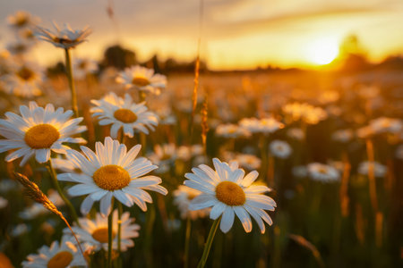 A tranquil landscape of blooming daisies basking in gentle sunset hues, with a dreamy, out-of-focus meadow and sky creating a peaceful, luminous atmosphere.の写真素材