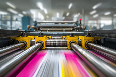 An advanced printing machine speeds through producing eye-catching, vividly hued sheets with...