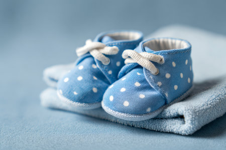 Tiny baby footwear featuring a blue pattern with playful white dots and delicate laces rest atop a plush, folded blue towel against a sleek, pale blue background.の写真素材