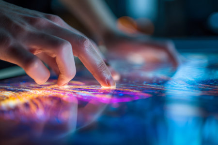 A futuristic setting where an individual?s fingertips manipulate a luminous, multicolored digital display, casting vibrant reflections in a sleek, high-tech atmospheの写真素材