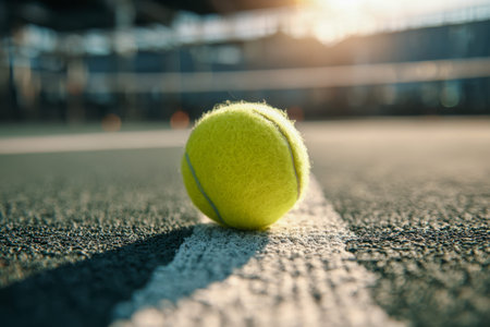 A vibrant tennis ball lies on the court?s edge, bathed in warm sunlight, with a textured surface and soft-focused backdrop capturing the serene glow of late afternoon
