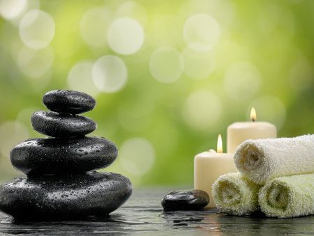 A serene arrangement featuring polished dark stones, cozy rolled linens, and flickering candles on a sleek surface, set against a soothing green glow to evoke tranquの写真素材