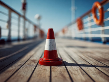 A tiny, vibrant red and white marker stands out on weathered wooden planks, with soft-focused ship railings and a clear blue sky highlighting a bright, sunny day.の写真素材