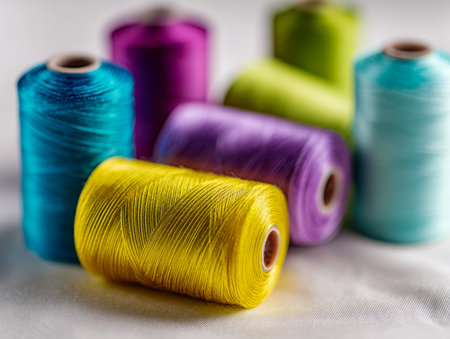 Brightly colored spools of thread in yellow, blue, purple, and green sit atop textured fabric, creating an inspiring scene for crafting and textile artistry.の写真素材