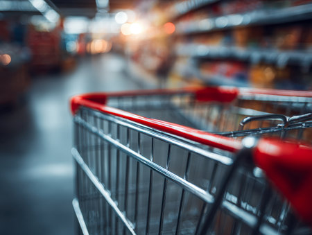A solitary cart with a vibrant red handle rests untouched amidst the warm sunlight filtering through supermarket aisles, softly highlighting neatly stacked shelves fの写真素材