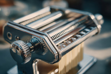 A sleek, reflective pasta machine in a contemporary kitchen banishes dullness, as vibrant strands of handmade noodles emerge under soft, ambient light with a blurred, modの写真素材
