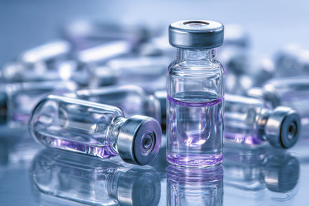 Sleek glass containers filled with vibrant violet fluid mirror light on a polished surface,...