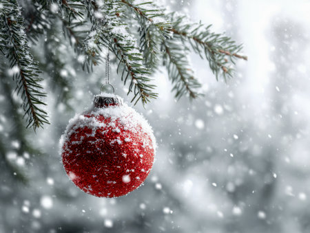 A vibrant crimson bauble dusted with delicate snowflakes sways from an evergreen bough, surrounded by quiet snowfall in a peaceful forest scene.の写真素材