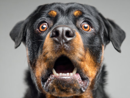 A striking Rottweiler's face, showing wide amber eyes and a slightly agape mouth, capturing a moment of curiosity and alertness against a simple gray backdrop.の写真素材