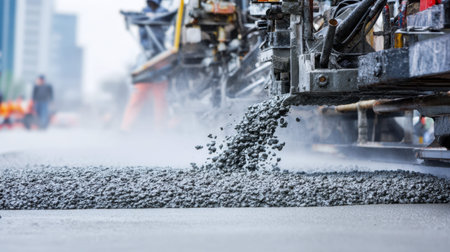 Workers oversee a large-scale urban paving operation as a machine dispenses and levels of new...