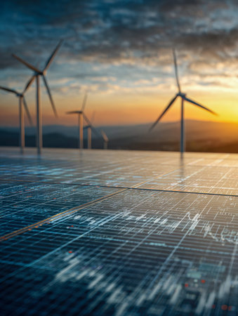 Sleek solar arrays integrated with digital analytics hover amid wind turbines, basking in a colorful...