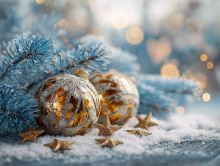 Bright, shimmering baubles and twinkling star accents rest gently in snow amid lush blue spruce branches, illuminated by warm, festive lighting for holiday cheer.の写真素材