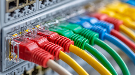 Vibrant cables of different hues connect to a network switch, highlighting the core of digital...