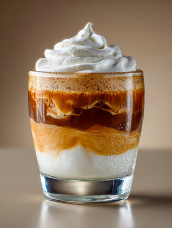 A coffee masterpiece featuring distinct milk and espresso layers, crowned with fluffy whipped cream, set against a simple, unobtrusive background.の写真素材