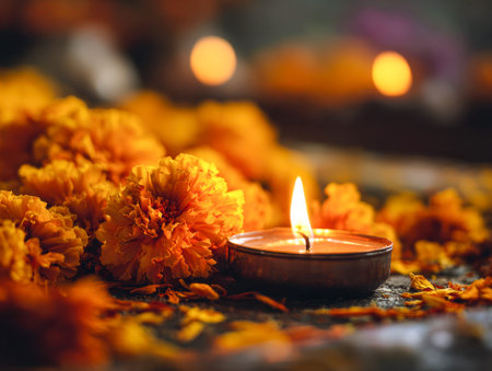 A softly illuminated candle casts a gentle glow amidst bright marigolds, fostering a peaceful and...