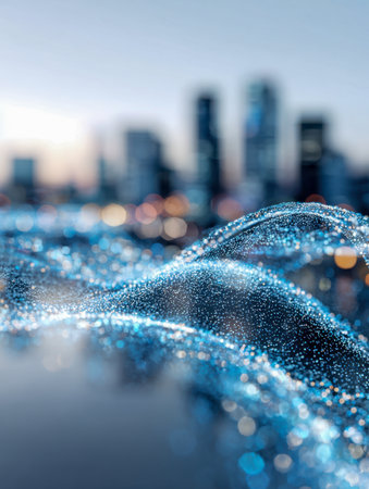 Dynamic streams of luminous blue dots swirl across the foreground, blending seamlessly with a hazy urban skyline at dusk, evoking a sense of futuristic energy and innovationの写真素材