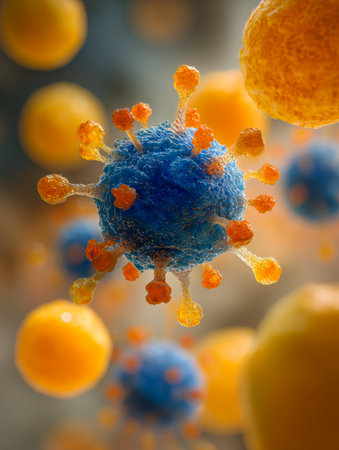 Vibrant 3d visualization featuring virus-like structures with vivid orange extensions and deep blue centers drifting amid matching glowing spheres against a softly bの写真素材