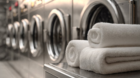 Soft, pristine towels are carefully arranged in an orderly pile on a sleek surface, set against a backdrop of robust machines, emphasizing hygiene and meticulous laundryの写真素材