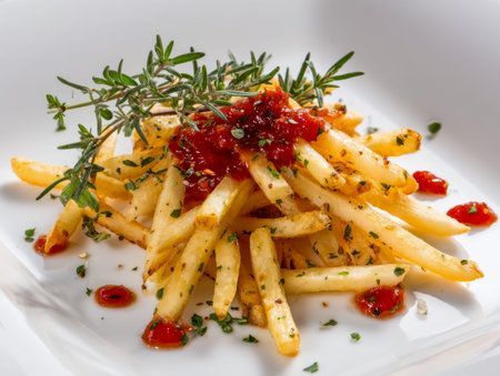 Crispy, golden-brown fries sprinkled with fragrant herbs and layered with a vibrant, savory red...