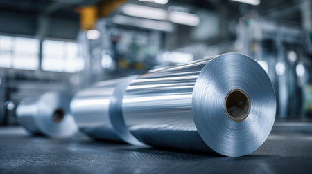 Massive reflective metal sheets are systematically stacked on the factory floor, with machinery fading into the background, capturing a moment of precision productioの写真素材