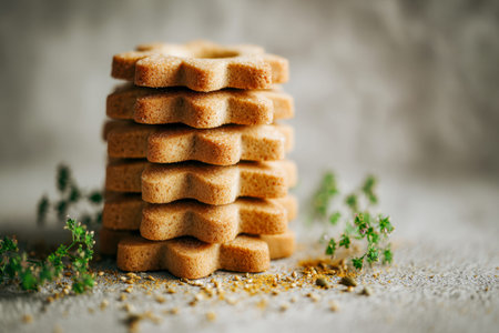 A layered arrangement of golden star-shaped crackers garnished with fragrant thyme, complemented by...