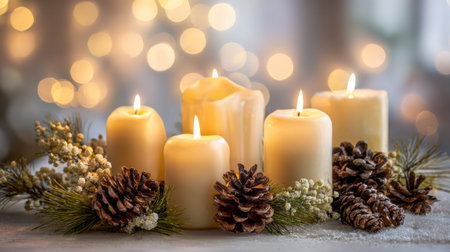 Cozy holiday scene featuring flickering candles nestled among pine cones and lush greenery, enhanced...