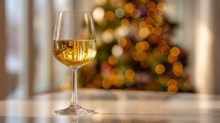 A crisp white wine gleams in a delicate glass, set against a backdrop of gentle, flickering holiday lights that evoke warmth and cheer during festive gatherings.の写真素材