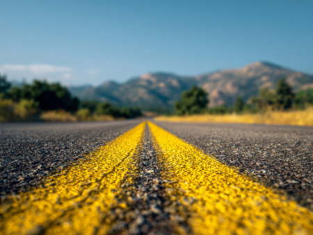 A perspective shot from ground level shows a quiet countryside road marked by bold yellow lines, stretching towards distant mountains under a bright, cloudless sky.の写真素材