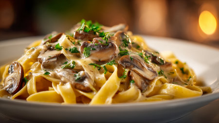 A bowl of rich, velvety mushroom linguine topped with vibrant green parsley, displayed on a pristine white dish amid a cozy, softly illuminated dining ambiance.の写真素材