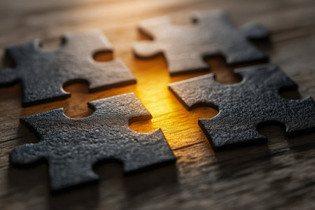 Four shadowy puzzle fragments rest on a rustic wooden table, illuminated by gentle, amber-hued light highlighting their interlocking potential and collaborative spirit.の写真素材