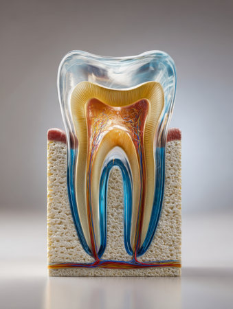 A lifelike depiction highlighting internal tooth structures like enamel, dentin, and pulp, with translucent layers revealing nerves and gum tissue on a plain backgroの写真素材