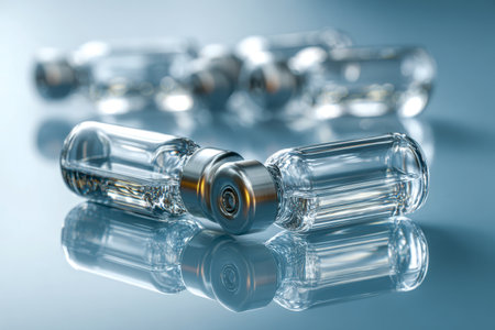 Array of sterile glass containers with metallic closures reflect light, embodying precision and innovation central to scientific breakthroughs in healthcare.の写真素材
