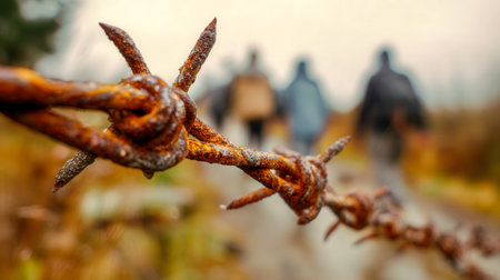 A weathered fence with sharp barbs frames the scene as trio strolls along a leaf-strewn trail, surrounded by vibrant autumn foliage in a peaceful countryside settingの写真素材