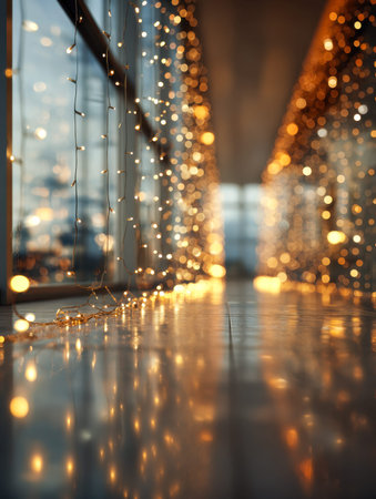 Soft, amber-hued string lights adorn sleek glass panels, their glow mirrored on the glossy surface...