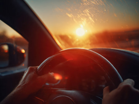 Serene moments captured as gentle sunlight filters through the windshield, illuminating the steady grip on the wheel, evoking tranquility and reflection during dusk.の写真素材