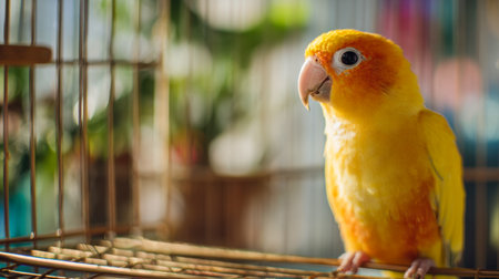A lively parrot with striking yellow and orange feathers rests inside a sturdy metal enclosure, set against a softly blurred natural landscape that evokes comfort anの写真素材