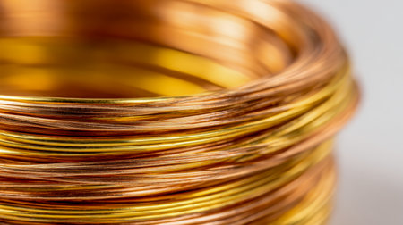 A gleaming tangle of metallic wires, intertwined into elegant loops, reflecting light with vibrant gold and copper hues against a softly blurred backdrop.の写真素材