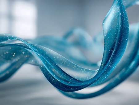 Elegant blue tendrils ripple softly, adorned with sparkling glimmers that drift within a fluid, abstract harmony, evoking serenity and refined movement.の写真素材