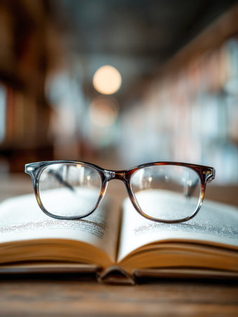 A pair of classic tortoiseshell glasses sit gently atop a bookmarked open book, with a blurred...