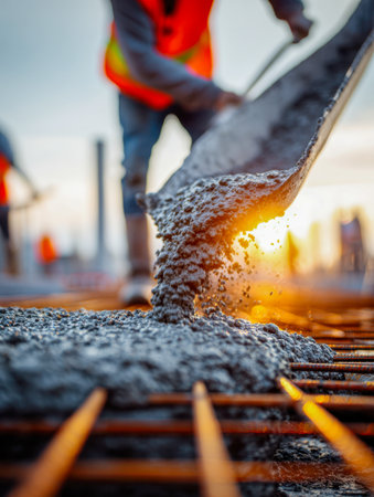 Workers in safety vests oversee steady pouring of bright concrete onto steel frame, illuminated by warm sunset light, capturing construction progress and teamworの写真素材