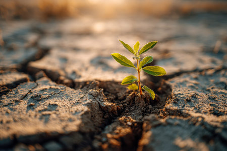 A tiny verdant sprout pushes through parched, fractured earth, basked in warm golden hour glow,...
