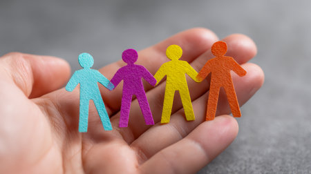 A hand gently clasps a vibrant chain of paper cutouts depicting diverse human silhouettes, emphasizing teamwork and the strength found in unity.の写真素材