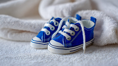 Small, knitted baby footwear in soothing blue with delicate white laces gently placed on a plush...