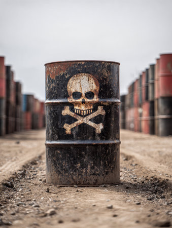 A weathered, corroded barrel bearing a menacing skull and crossbones icon sits empty on rough dirt, with numerous similar containers stretching into the misty distance beの写真素材
