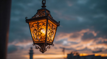 A richly detailed antique lamp casts a gentle amber light, contrasting beautifully with an overcast...